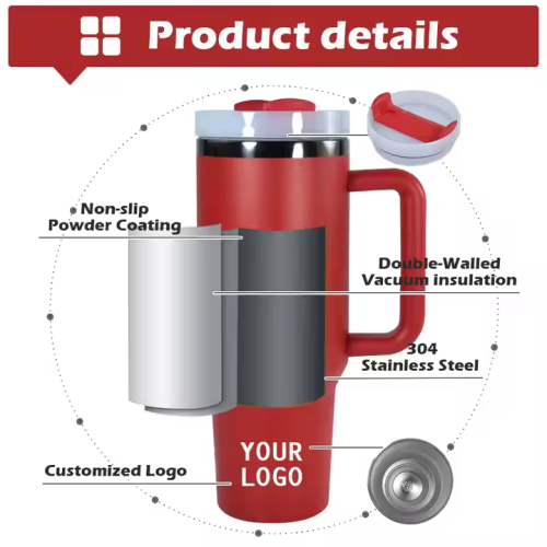 Wholesale Red Powder Coated 40oz Double Wall Stainless Steel Tumbler Black Electroplated Laser Travel Mug with Handle Straw