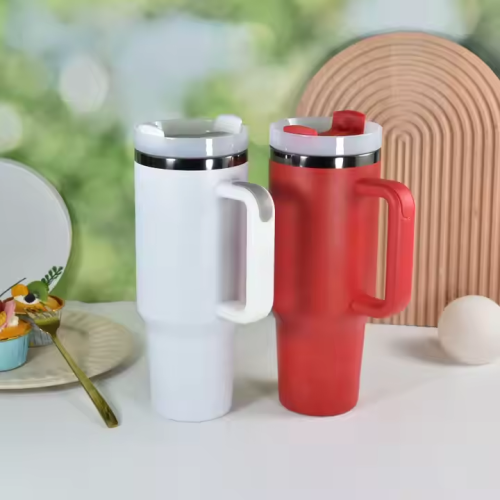 Wholesale Red Powder Coated 40oz Double Wall Stainless Steel Tumbler Black Electroplated Laser Travel Mug with Handle Straw