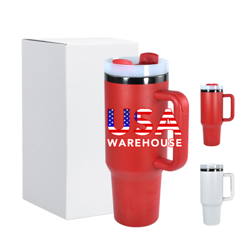 Wholesale Red Powder Coated 40oz Double Wall Stainless Steel Tumbler Black Electroplated Laser Travel Mug with Handle Straw