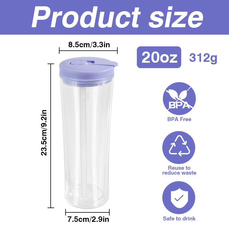 20oz Clear Double Wall Acrylic Tumbler Pre Drilled Beer Can Plastic Snow Globe Cups with Colored Lid and Straw Sippy Bottle Cups