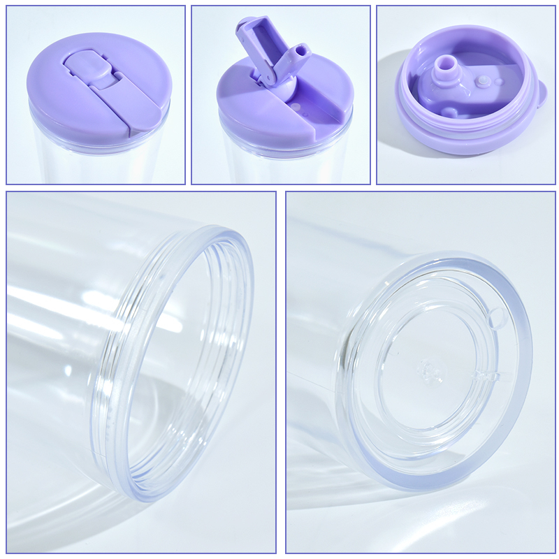 20oz Clear Double Wall Acrylic Tumbler Pre Drilled Beer Can Plastic Snow Globe Cups with Colored Lid and Straw Sippy Bottle Cups