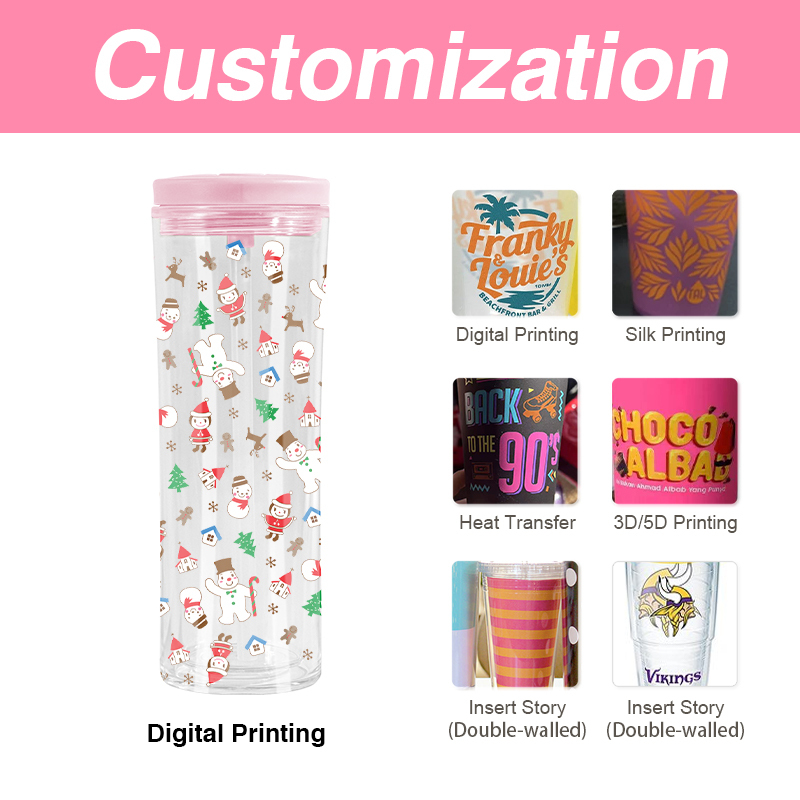 20oz Clear Double Wall Acrylic Tumbler Pre Drilled Beer Can Plastic Snow Globe Cups with Colored Lid and Straw Sippy Bottle Cups