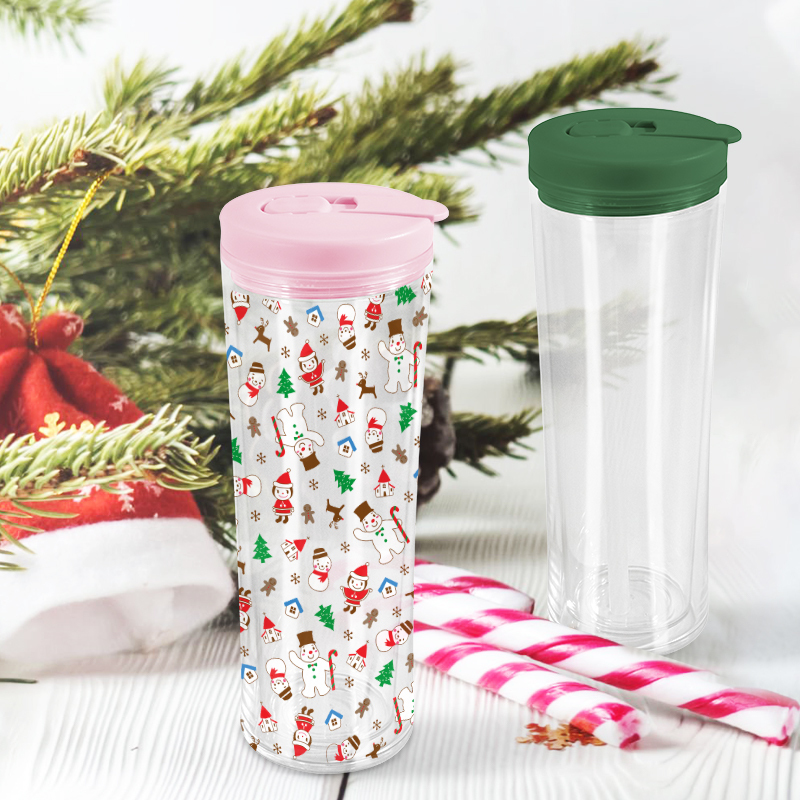 20oz Clear Double Wall Acrylic Tumbler Pre Drilled Beer Can Plastic Snow Globe Cups with Colored Lid and Straw Sippy Bottle Cups
