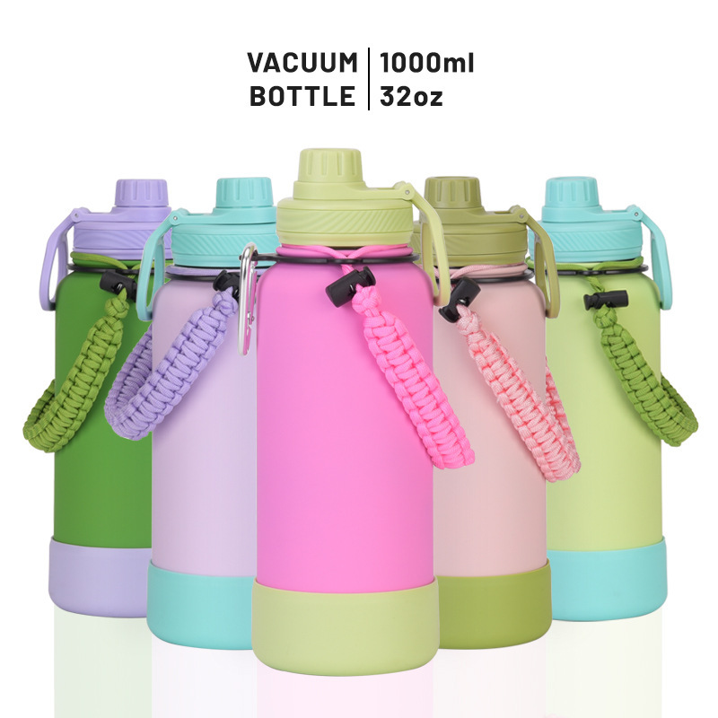 Custom logo 1L Large Capacity Vacuum Insulated Water Bottle Keep Hot Cold 24 Hours Outdoor Rope and Handle Lid Anti-slip Bottom
