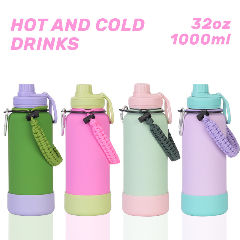 Custom logo 1L Large Capacity Vacuum Insulated Water Bottle Keep Hot Cold 24 Hours Outdoor Rope and Handle Lid Anti-slip Bottom