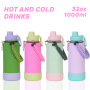 Custom logo 1L Large Capacity Vacuum Insulated Water Bottle Keep Hot Cold 24 Hours Outdoor Rope and Handle Lid Anti-slip Bottom