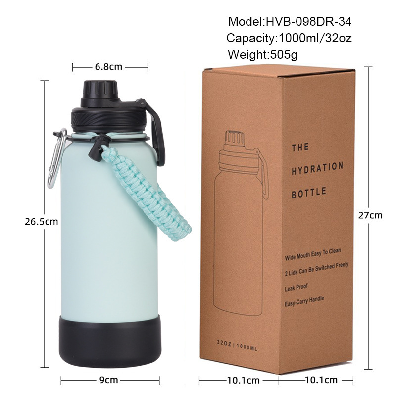 Custom logo 1L Large Capacity Vacuum Insulated Water Bottle Keep Hot Cold 24 Hours Outdoor Rope and Handle Lid Anti-slip Bottom