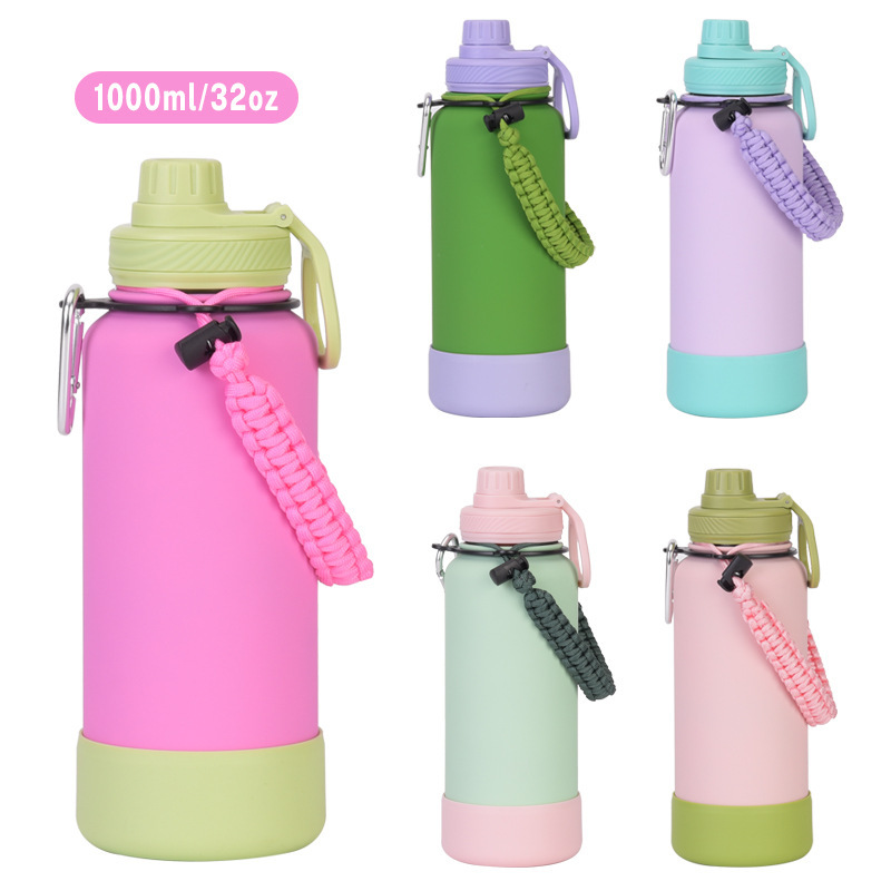 Custom logo 1L Large Capacity Vacuum Insulated Water Bottle Keep Hot Cold 24 Hours Outdoor Rope and Handle Lid Anti-slip Bottom