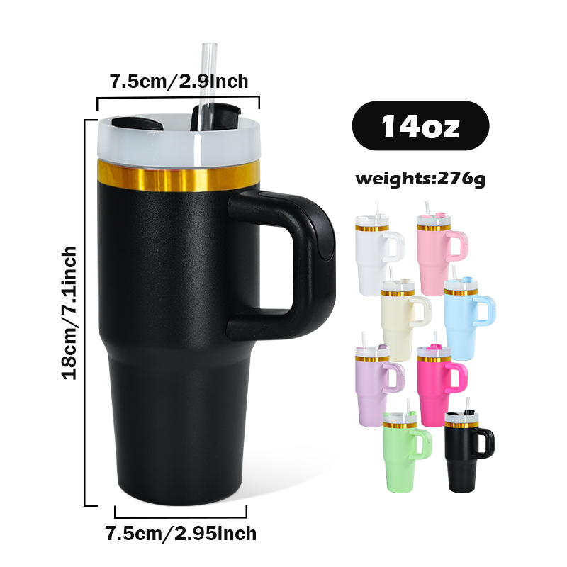 Custom Logo 14oz Kids Stainless Steel Vacuum Powder Coated Tumbler with Gold Rim Plating Outdoor Water Bottle for Laser Printing