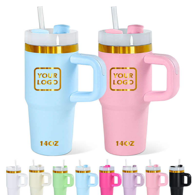 Custom Logo 14oz Kids Stainless Steel Vacuum Powder Coated Tumbler with Gold Rim Plating Outdoor Water Bottle for Laser Printing