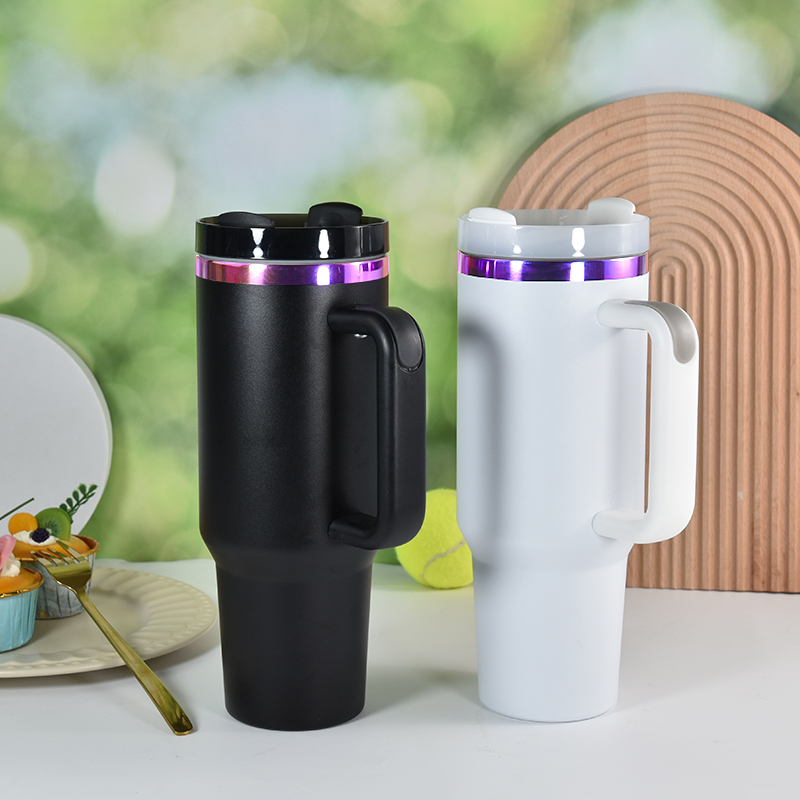40oz Laser Electroplating Powder Coated Mugs Stainless Steel Double Walled Tumblers With Handle and Straw Travel Coffee Mug