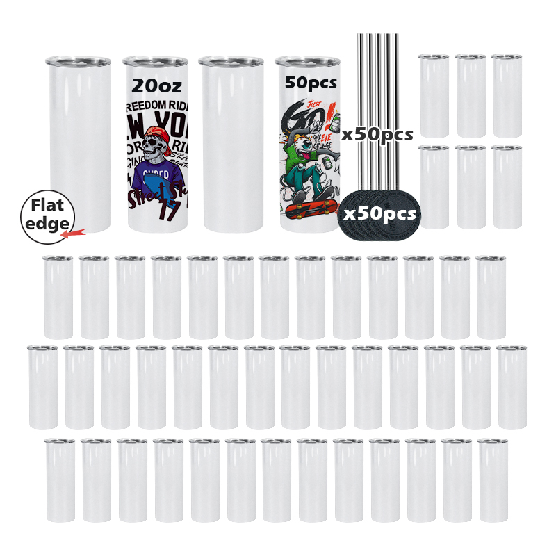 RTS 50pcs/ctn 20oz Sublimation Flat Stainless Steel Tumbler with Plastic and Metal Straw and Rubber Bottom