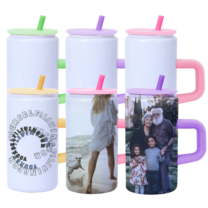 16oz Stainless Steels Can Shaped Mugs Sublimation Glass Tumbler With Handle and Straw Colored Mason Jar for Heat Transfer Press