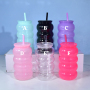New 16oz Plastic Cup Clear Acrylic Tumbler Wave Shape Reusable Plastic Suction Mug Kids Daily Home Use Cup with Straw for Party