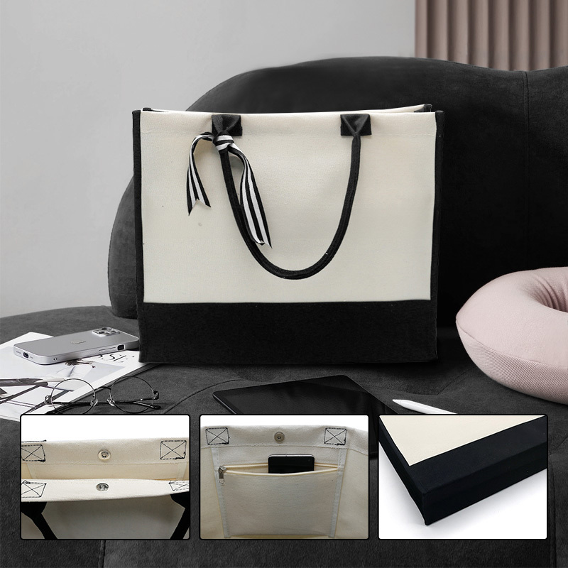 RTS US Warehouse 20sets/ctn New Sublimation Blanks Shopping Bag Composite Cotton and Linen Black Wide Bottom Backpack Bag