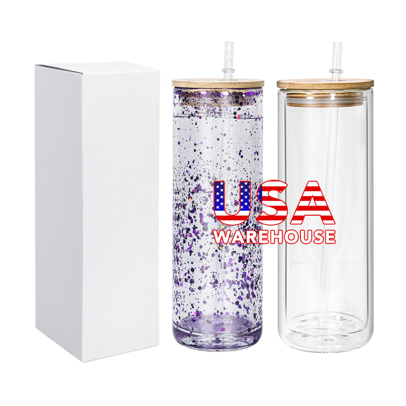 RTS Pre-drilled Hole 25oz Snow Globe Glass Cup Sublimation Straight Tumblers Double Wall Cups With Wooden Lid Plug 25pcs/ctn