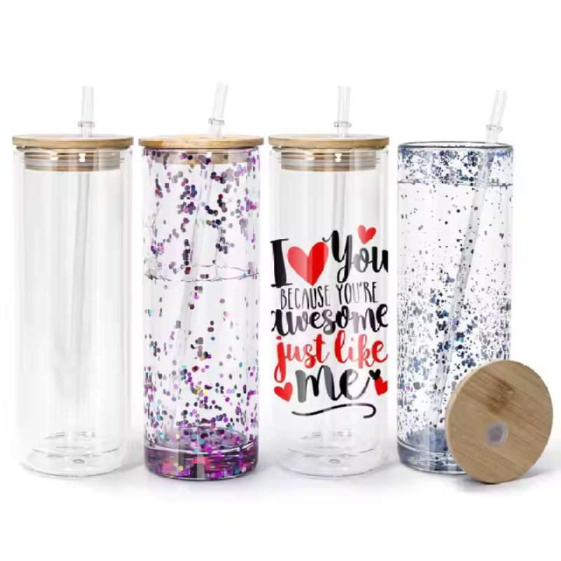 RTS Pre-drilled Hole 25oz Snow Globe Glass Cup Sublimation Straight Tumblers Double Wall Cups With Wooden Lid Plug 25pcs/ctn