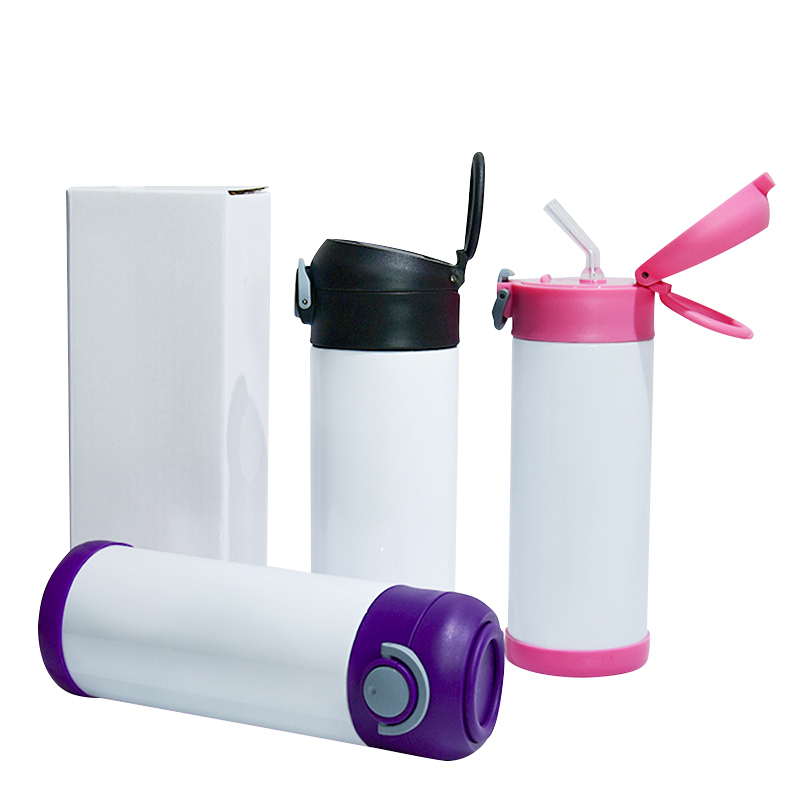 RTS USA Warehouse 12oz Sublimation Tumbler Stainless Steel Kids Cup Water Bottle with Colorful Flip Top Mix Color Lids 24pcs/ctn