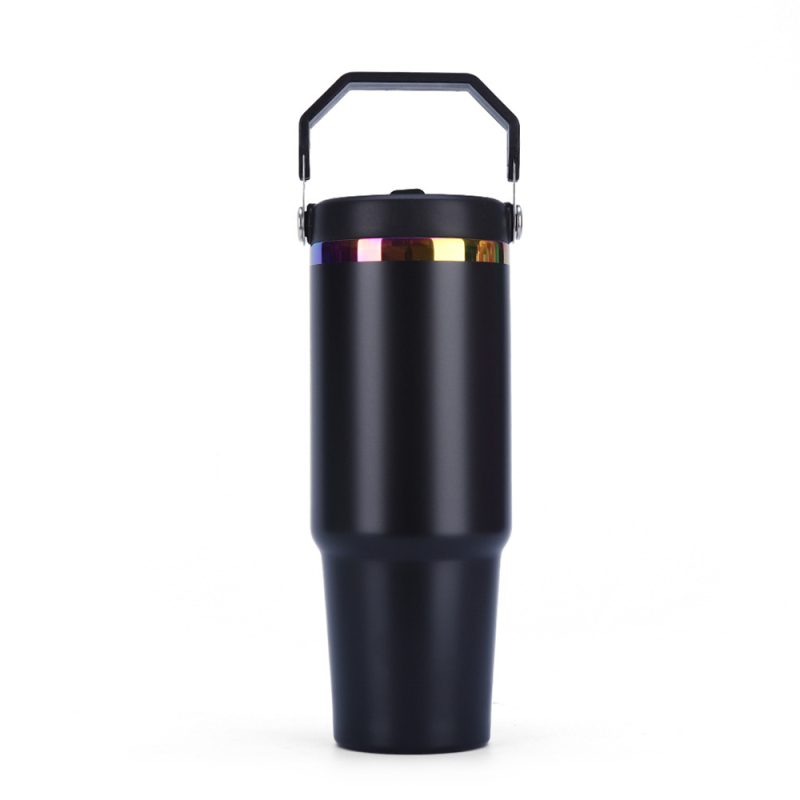 New Rainbow Golden Plated 30oz Powder Coated Stainless Steel Tumbler Vacuum Cup Coffee Travel Mug With Flip Straw Handle