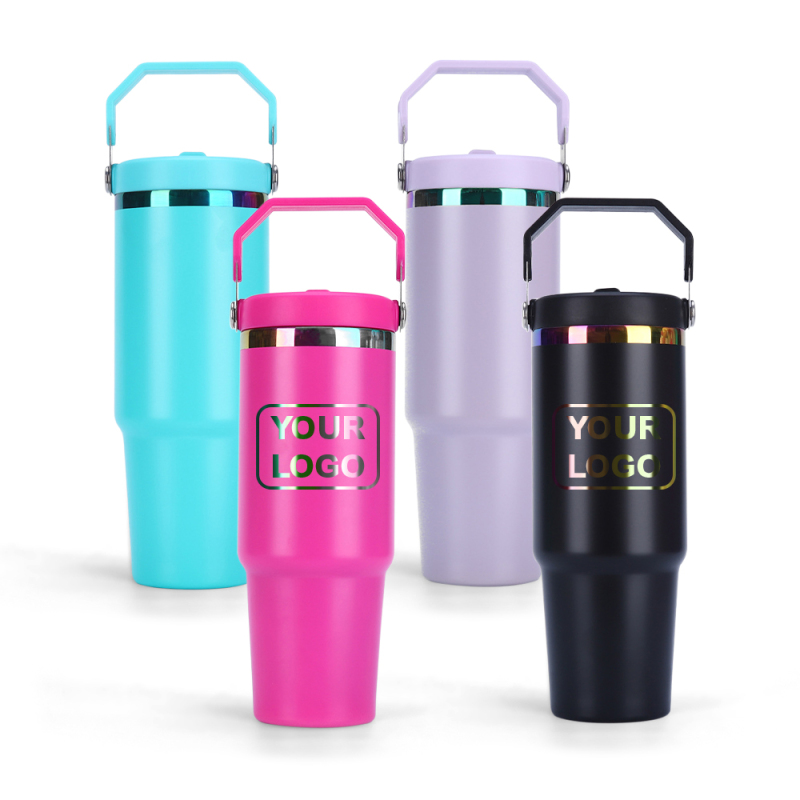 New Rainbow Golden Plated 30oz Powder Coated Stainless Steel Tumbler Vacuum Cup Coffee Travel Mug With Flip Straw Handle