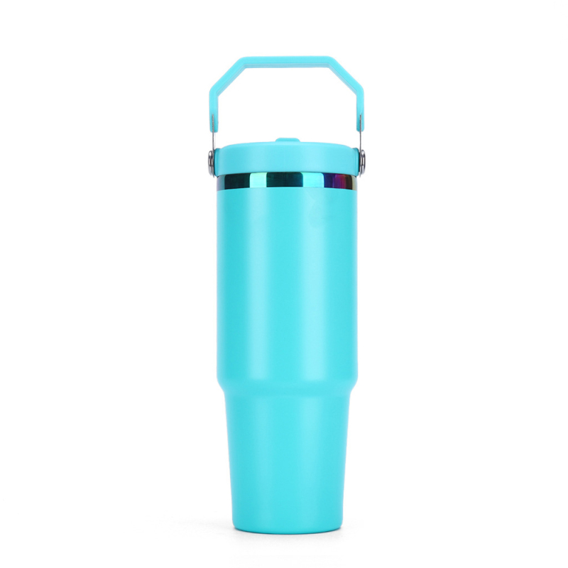 New Rainbow Golden Plated 30oz Powder Coated Stainless Steel Tumbler Vacuum Cup Coffee Travel Mug With Flip Straw Handle