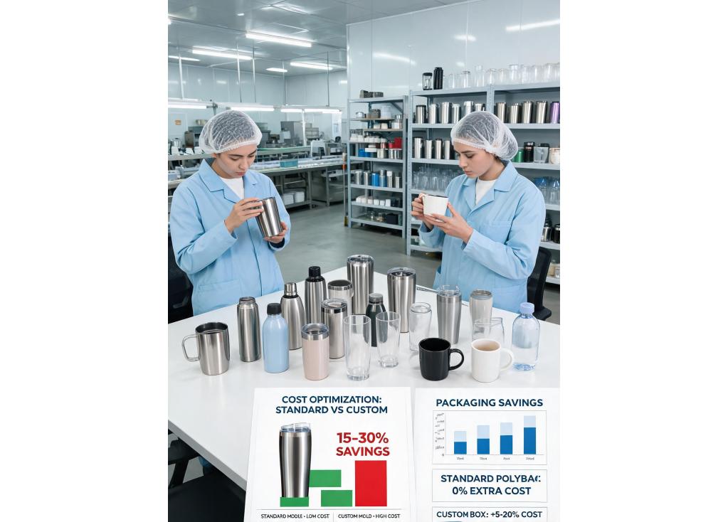 How can I reduce unit costs for small trial orders of custom drinkware?