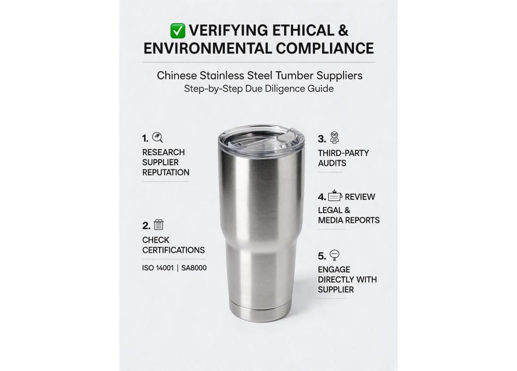 How do I verify the ethical and environmental compliance of a Chinese stainless steel tumbler supplier?