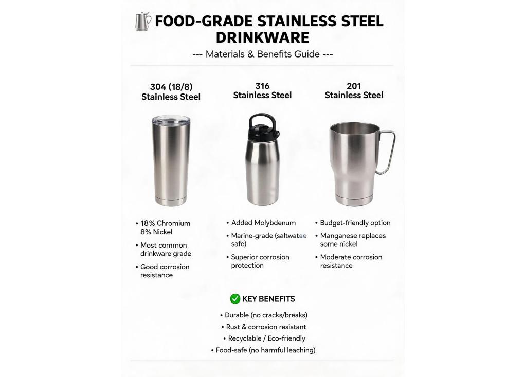 What materials are commonly used for food-grade stainless steel drinkware?