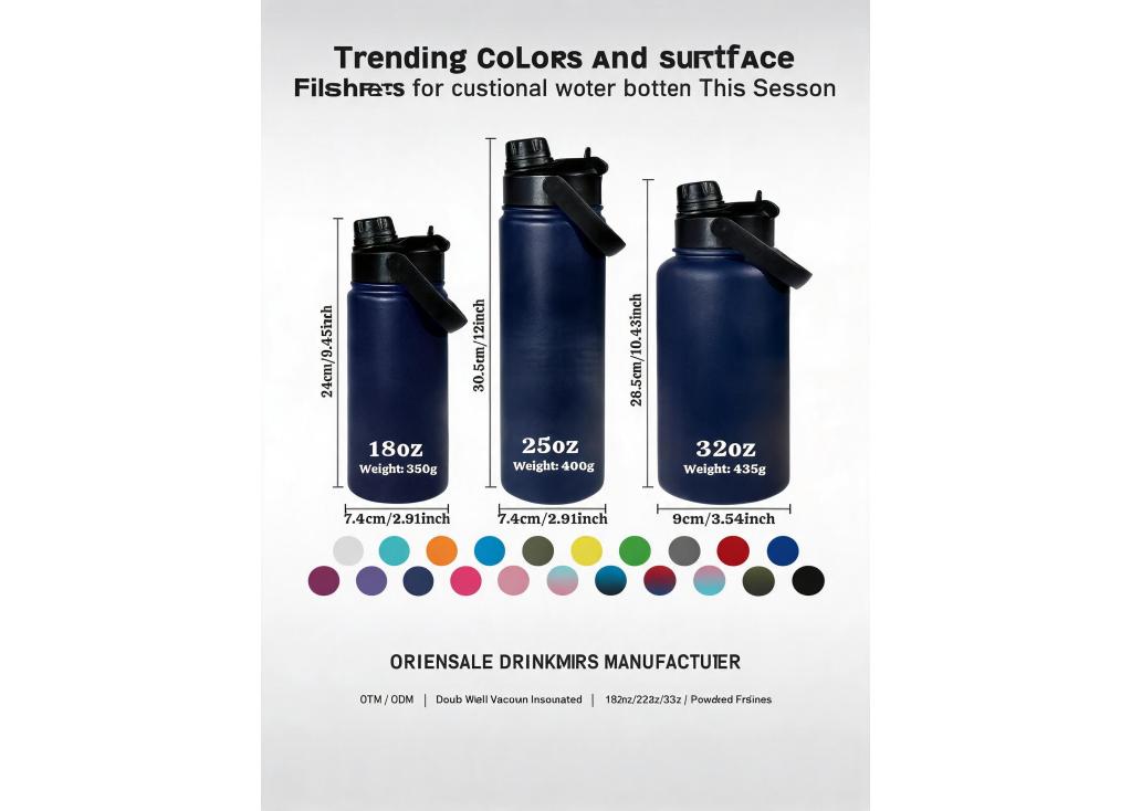 Which trending colors and surface finishes are popular for custom water bottles this season?