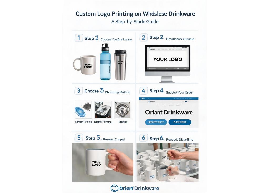 What are the typical steps for custom logo printing on wholesale drinkware?