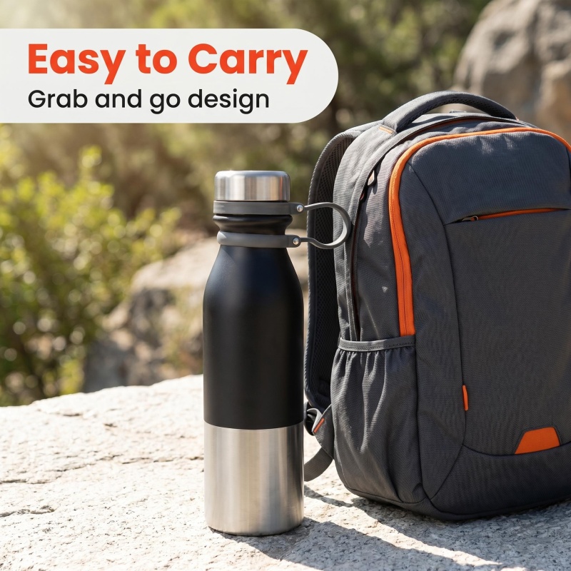 Wholesale 24oz Stainless Steel Water Bottle - Black & Silver Two-Tone, Insulated Flask with Handle for Hiking, Camping & Outdoor