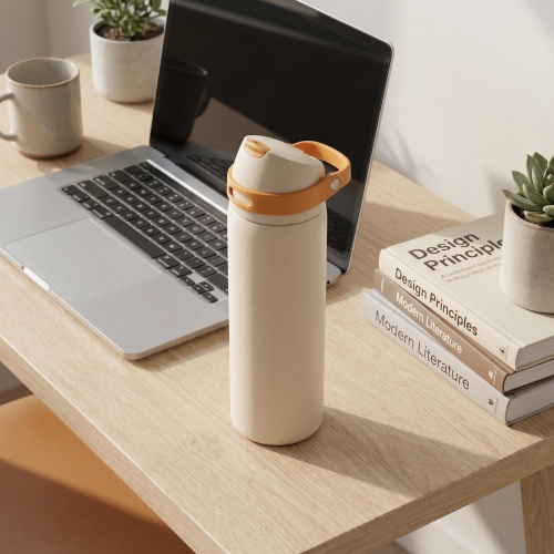 Wholesale 24oz Insulated Water Bottle - Cream & Beige Tone, Leak-Proof Flip Top Flask with Handle for Outdoor, Office & Daily Use