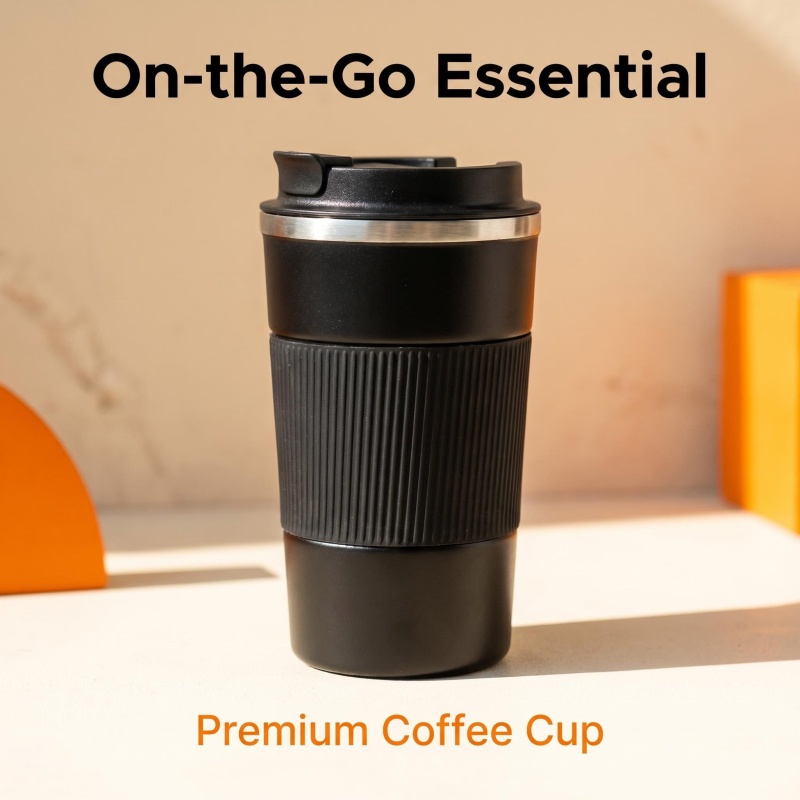 Wholesale 16oz Black Travel Coffee Mug - Insulated Stainless Steel Tumbler with Anti-Slip Grip for Commute & Office