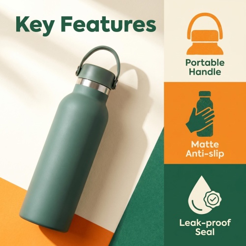 Matte Dark Green Water Flask with Handle - Vacuum Insulated, Leak-Proof Lid for Sports, Travel & Everyday Use