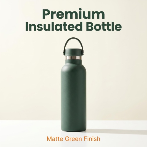 Matte Dark Green Water Flask with Handle - Vacuum Insulated, Leak-Proof Lid for Sports, Travel & Everyday Use