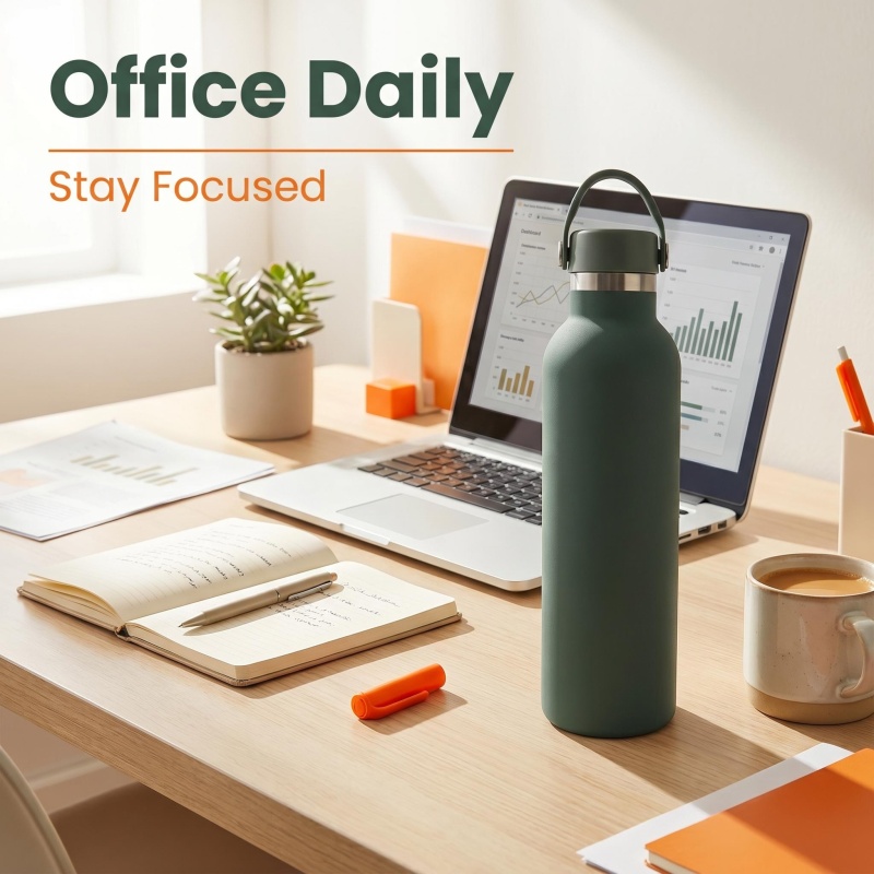 Matte Dark Green Water Flask with Handle - Vacuum Insulated, Leak-Proof Lid for Sports, Travel & Everyday Use