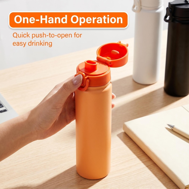 Slim Portable Water Bottle with One-Hand Flip Lid - Matte White/Black/Orange, Easy Fit in Backpack Side Pocket, Insulated for Outdoor & Daily Use
