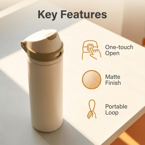 Wholesale 24oz Insulated Water Bottle - Cream & Beige Tone, Leak-Proof Flip Top Flask with Handle for Outdoor, Office & Daily Use