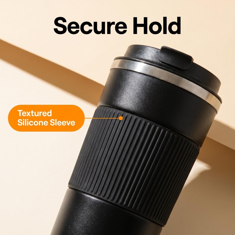Wholesale 16oz Black Travel Coffee Mug - Insulated Stainless Steel Tumbler with Anti-Slip Grip for Commute & Office
