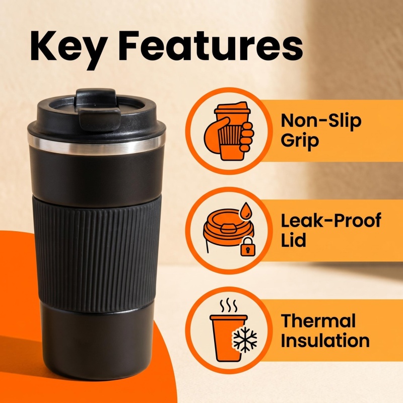 Wholesale 16oz Black Travel Coffee Mug - Insulated Stainless Steel Tumbler with Anti-Slip Grip for Commute & Office