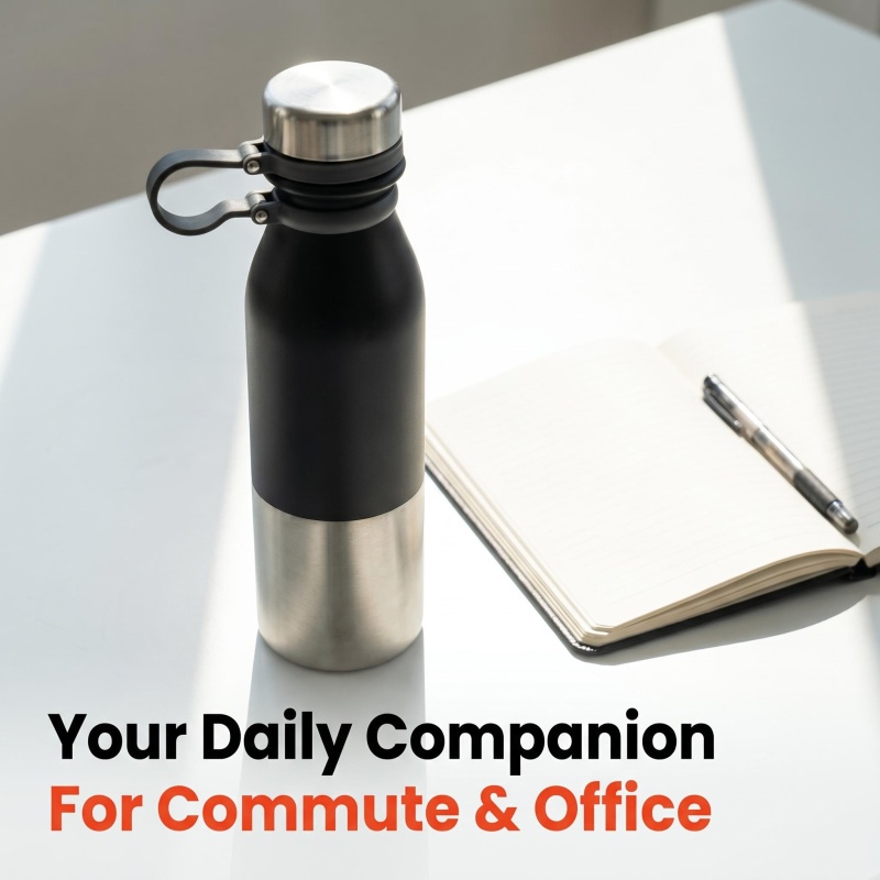 Wholesale 24oz Stainless Steel Water Bottle - Black & Silver Two-Tone, Insulated Flask with Handle for Hiking, Camping & Outdoor