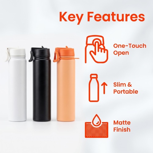 Slim Portable Water Bottle with One-Hand Flip Lid - Matte White/Black/Orange, Easy Fit in Backpack Side Pocket, Insulated for Outdoor & Daily Use