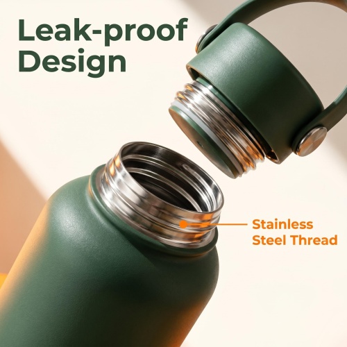 Matte Dark Green Water Flask with Handle - Vacuum Insulated, Leak-Proof Lid for Sports, Travel & Everyday Use