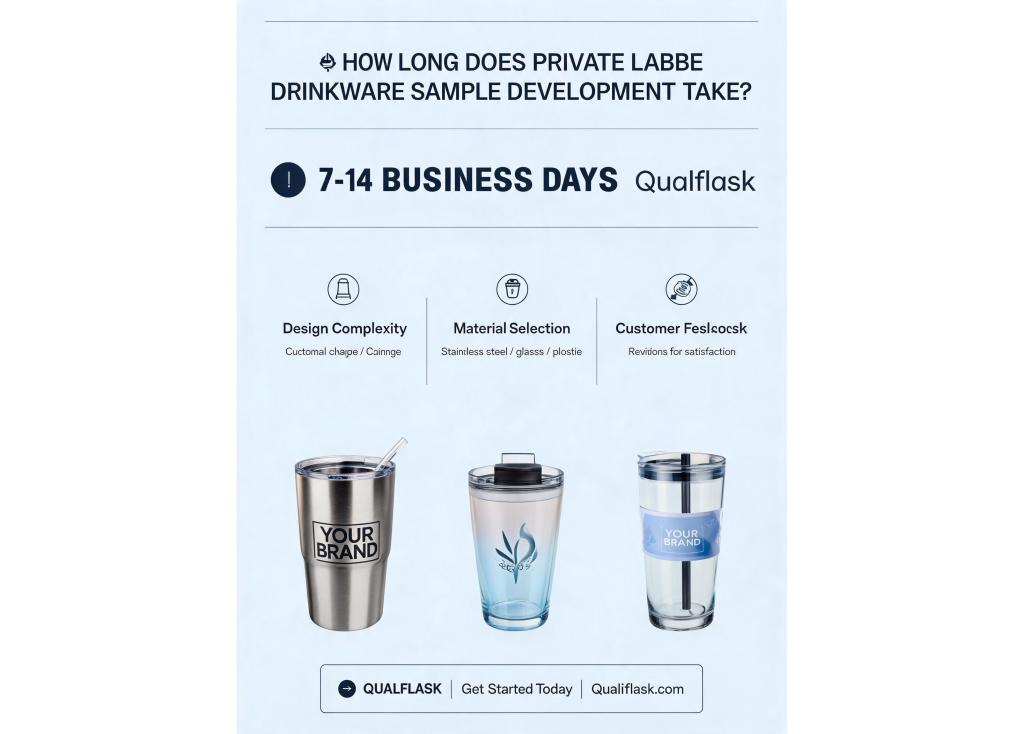 How long does the sample development process take for private label drinkware?