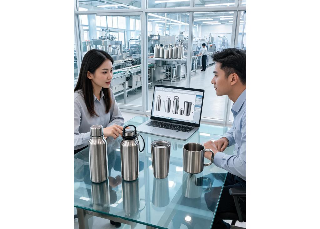What materials and styles are available for custom drinkware?