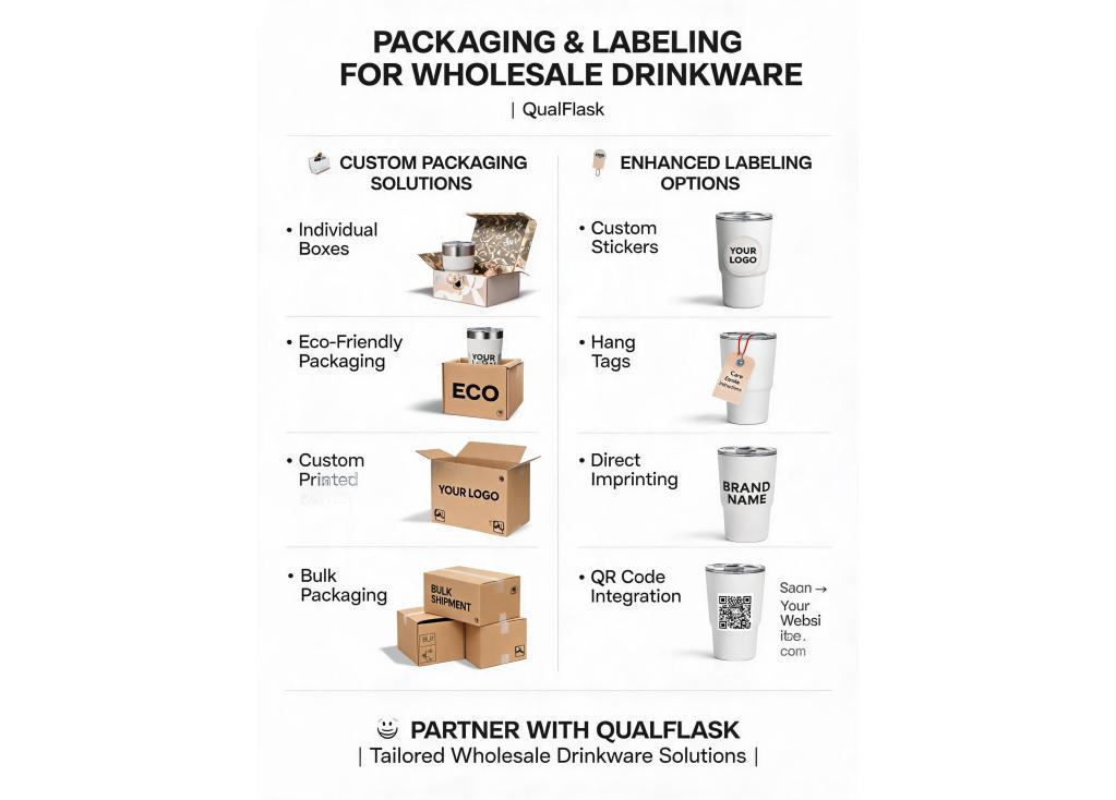 What packaging and labeling options are available for wholesale drinkware orders?