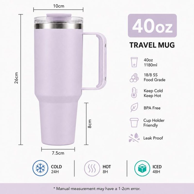 40 oz Insulated Stainless Steel Tumbler with Handle and Straw Lid, 1200ml Travel Coffee Mug, Car Cup Holder Friendly, Leak-Proof Vacuum Water Bottle