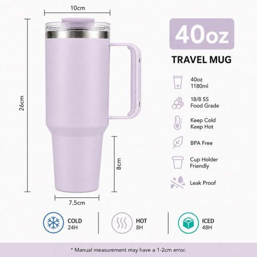 40 oz Insulated Stainless Steel Tumbler with Handle and Straw Lid, 1200ml Travel Coffee Mug, Car Cup Holder Friendly, Leak-Proof Vacuum Water Bottle
