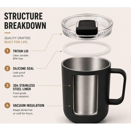 Qualflask 10oz Stainless Steel Travel Tumbler Coffee Mug With Handle