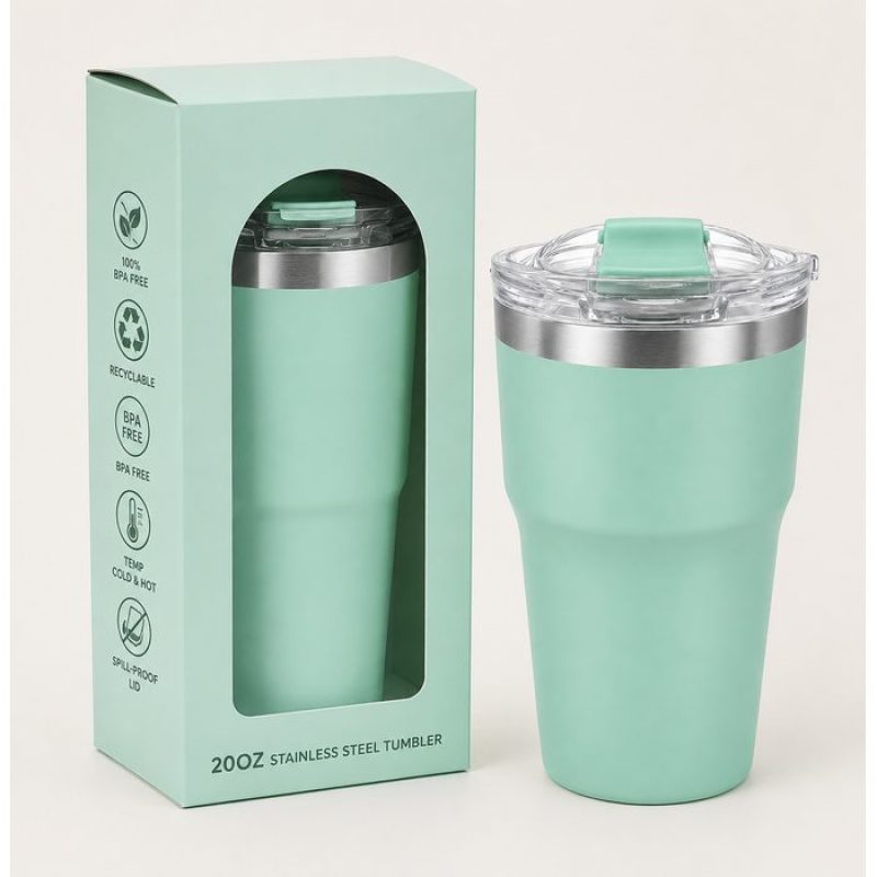 20 oz Insulated Stainless Steel Coffee Tumble and Clear Slide Lid, 600ml Travel Coffee Mug, Car Cup Holder Friendly, Splash-Proof Vacuum Travel Mug